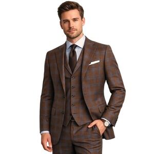 Joseph Abboud Mens 3 Piece Suit 38R Brown Blue Plaid Reda Super 130s Wool USA